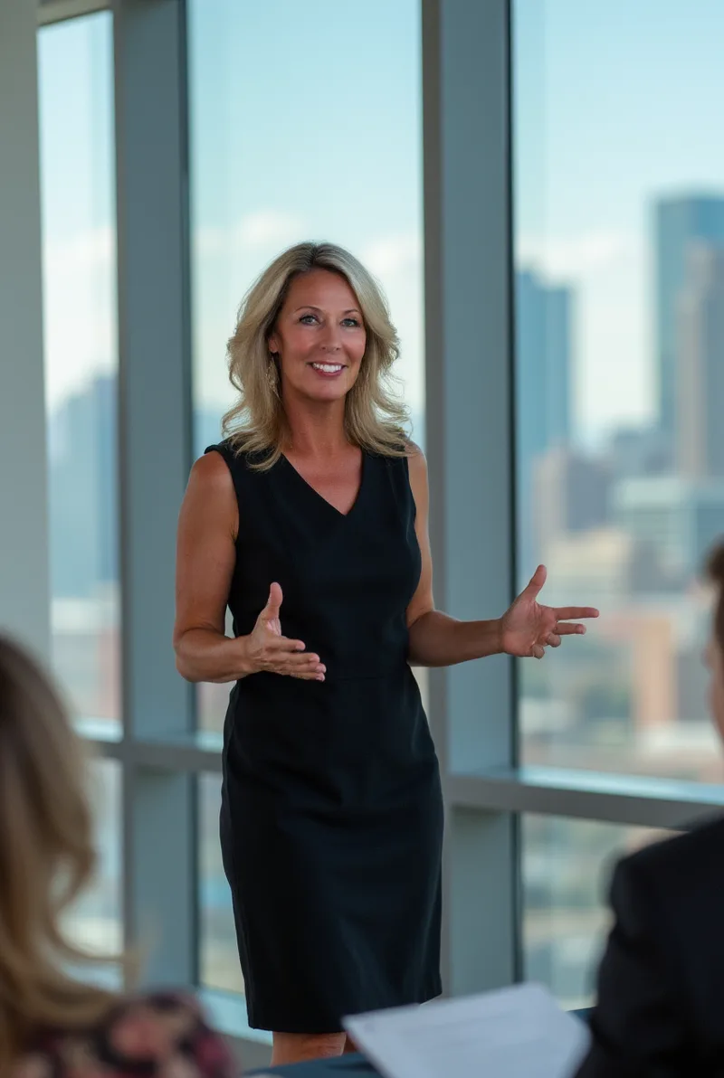 Kim Tomlinson speaking with seated colleagues before floor-to-ceiling windows over a city skyline.