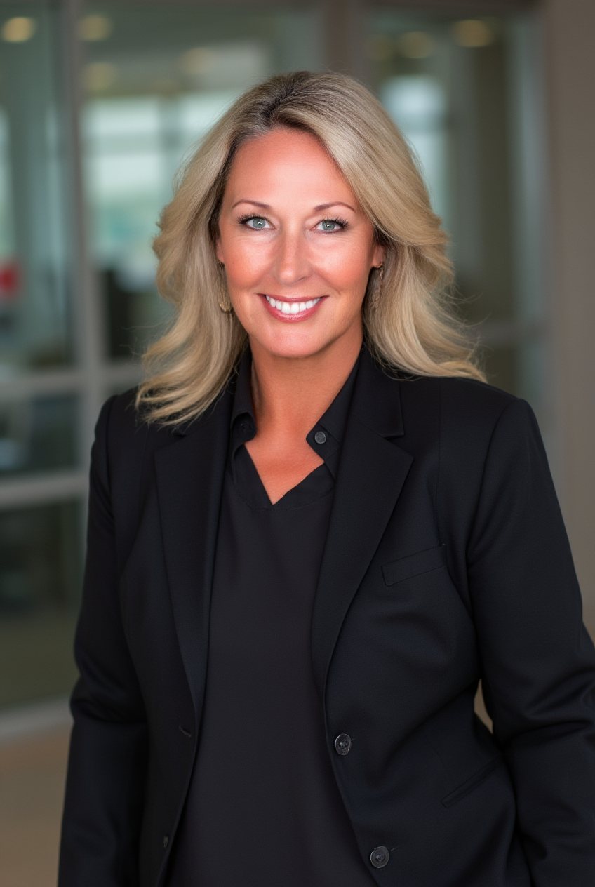 Kim Tomlinson, real estate coach, in a black blazer, smiling in a professional portrait.