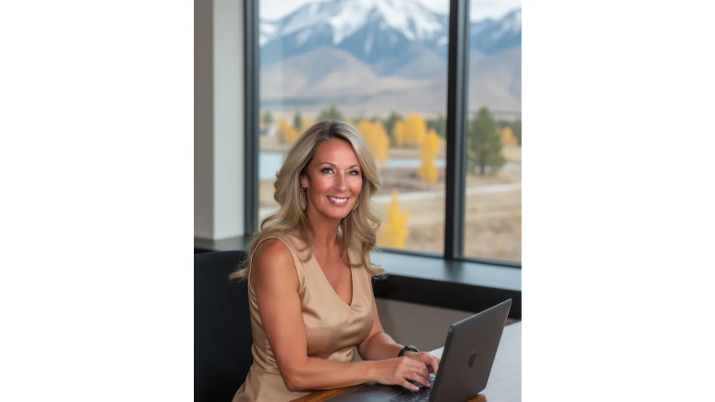 Kim Tomlinson working at a desk with a mountain and autumn valley view behind her.