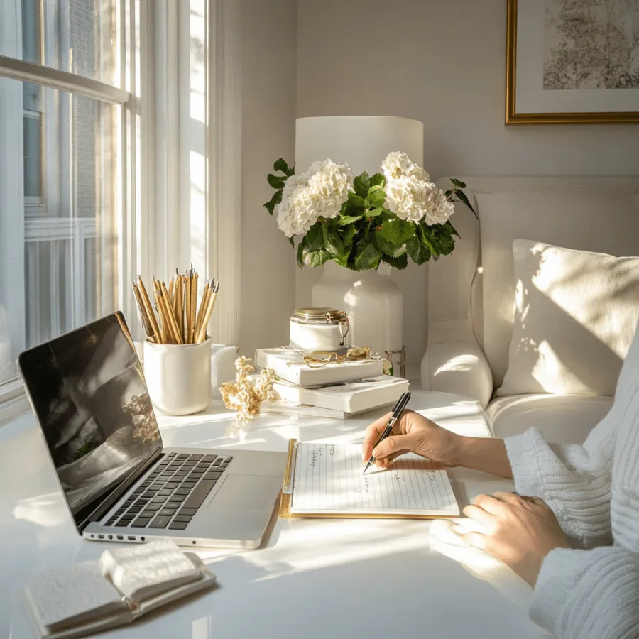 A woman journaling by hand next to an open laptop at a sunlit desk with white hydrangeas.