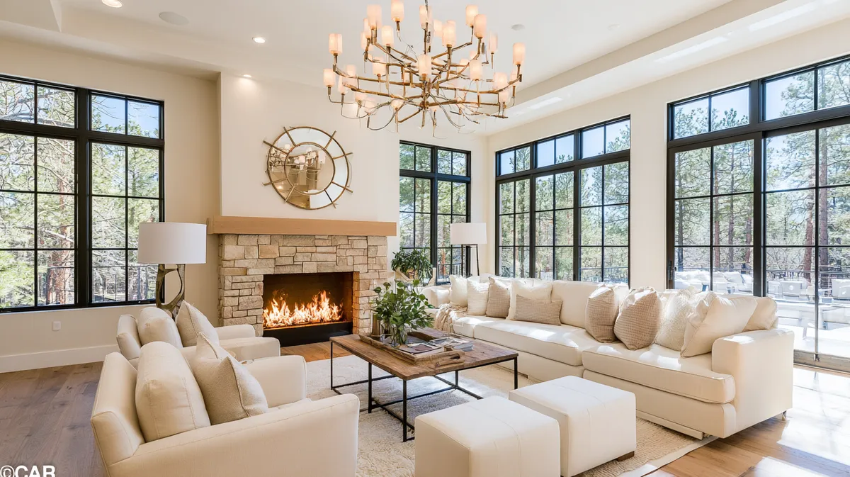 A grand cream living room with a chandelier and a lit fireplace.