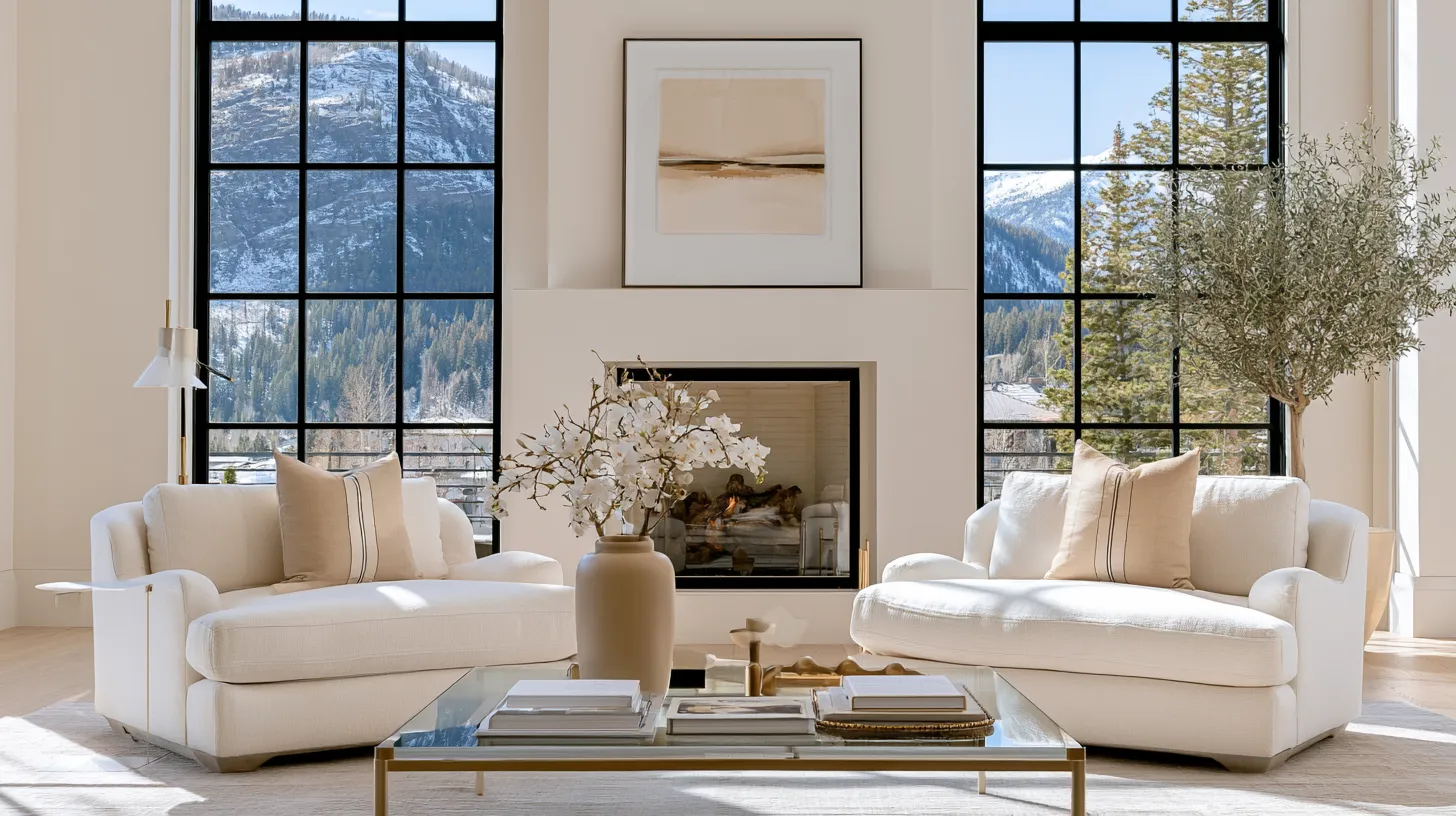 A warm, sunlit living room set for a conversation, cream sofas gathered around a low table.