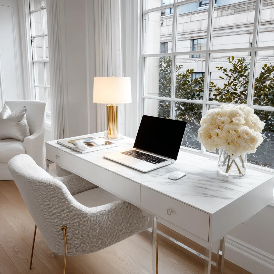 A marble desk with an open laptop and a vase of white roses beside a bright window.