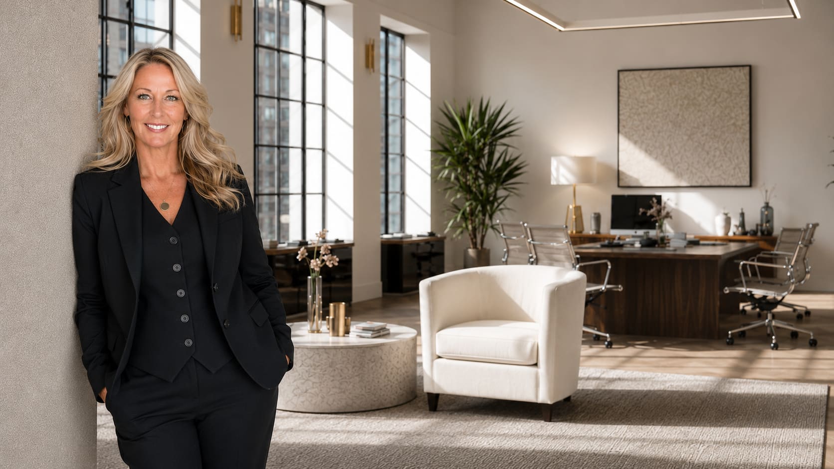 Kim Tomlinson, real estate coach, in a black suit leaning against a wall in a bright modern office with tall city-view windows, a white armchair, and a wood desk.
