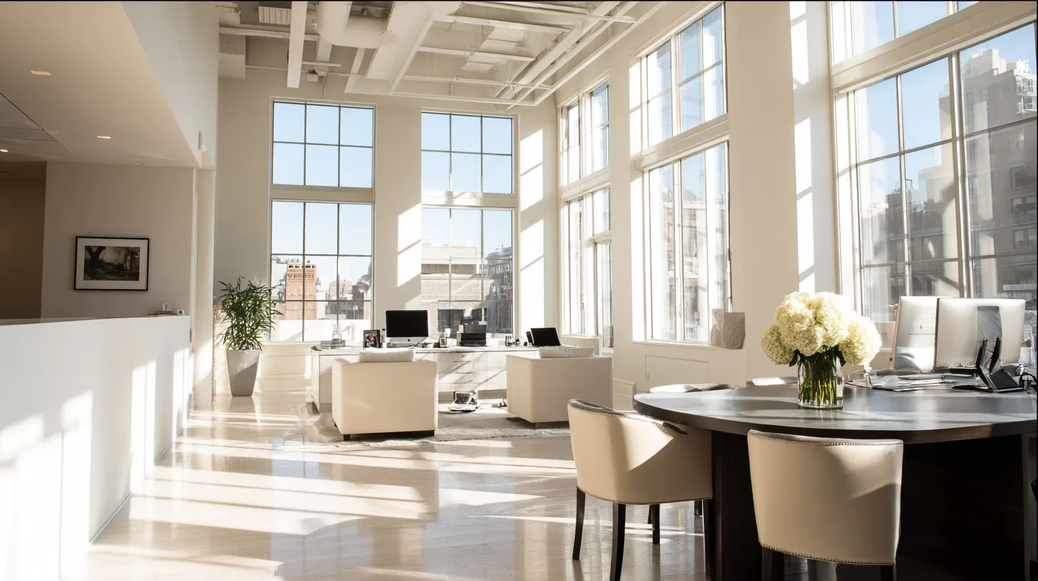 A bright, sunlit open-plan real estate office with tall windows and a city view.
