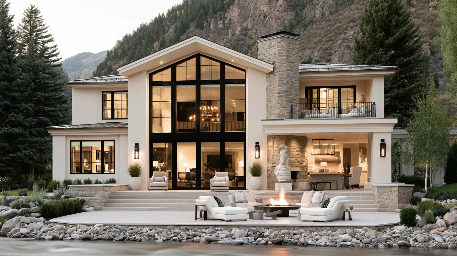 A luxury Colorado mountain home at dusk with warm light in the windows.