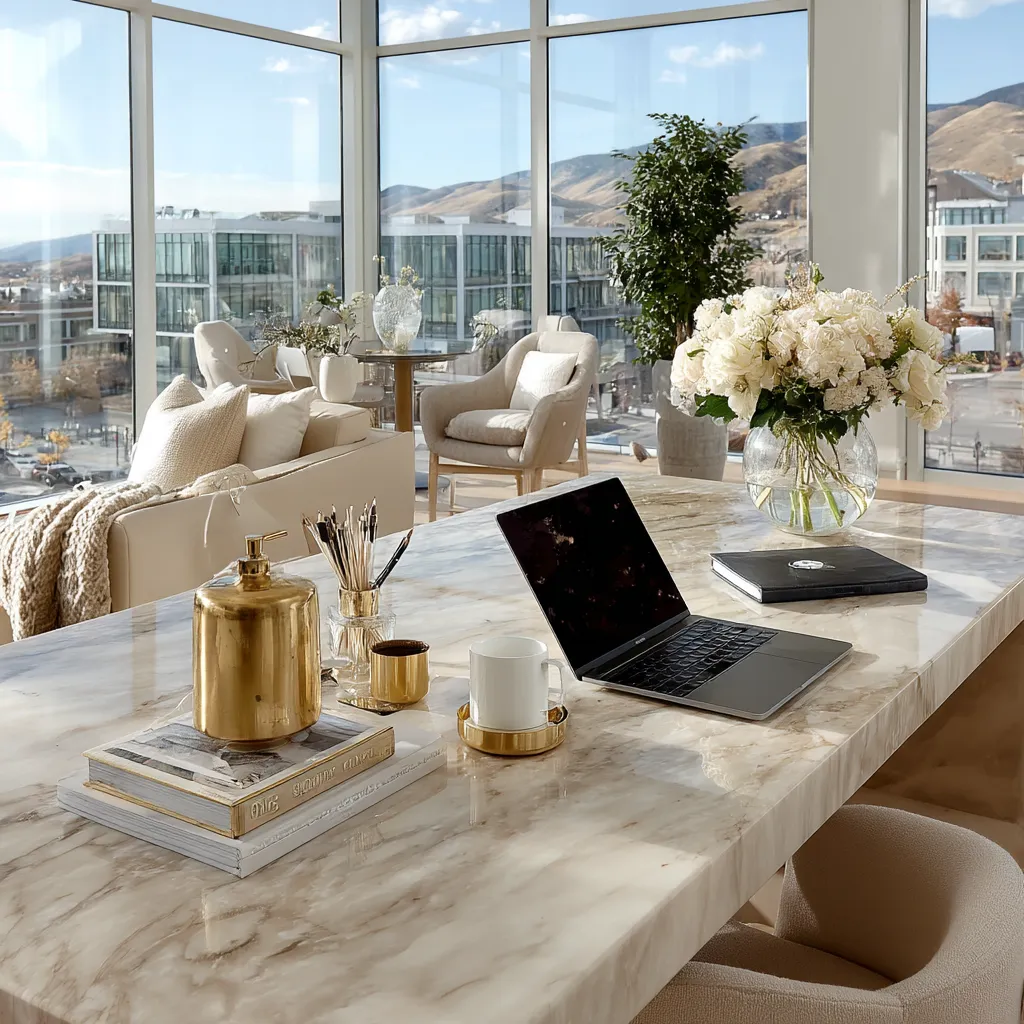 A laptop open on a marble desk in early morning light.