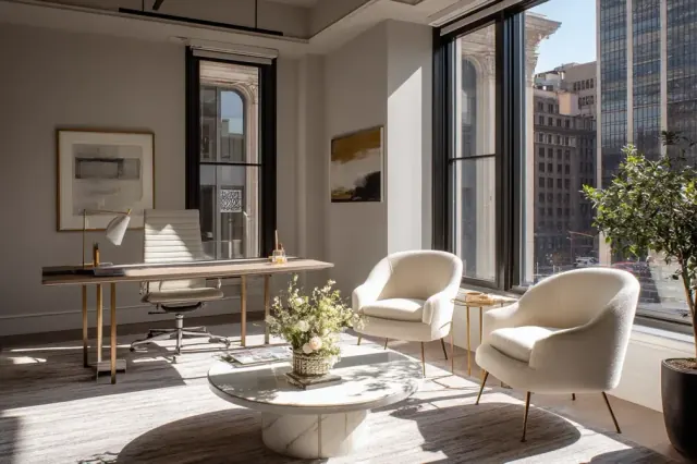 A sunlit corner office with two cream armchairs, a marble table, and floor-to-ceiling city windows.