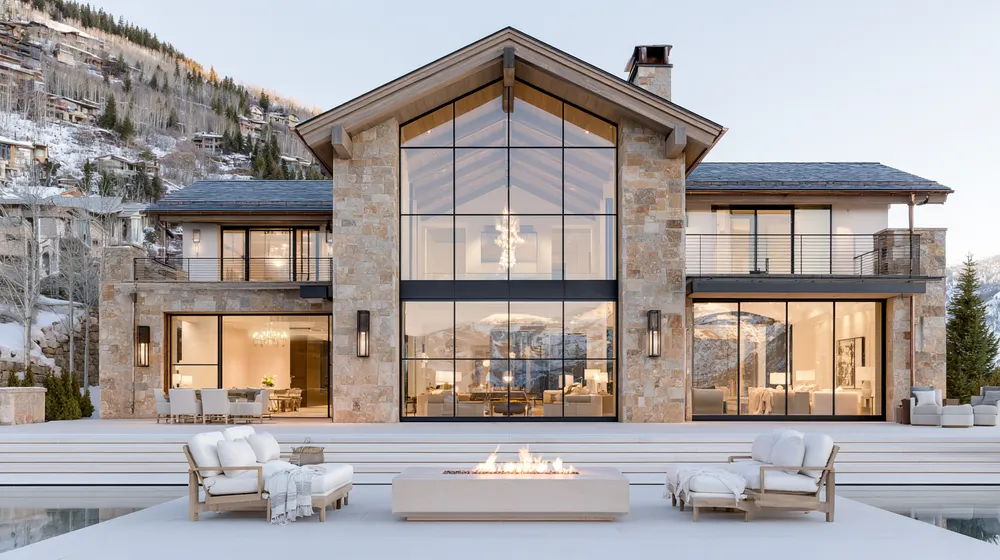 A modern mountain home at dusk with warm interior lights.