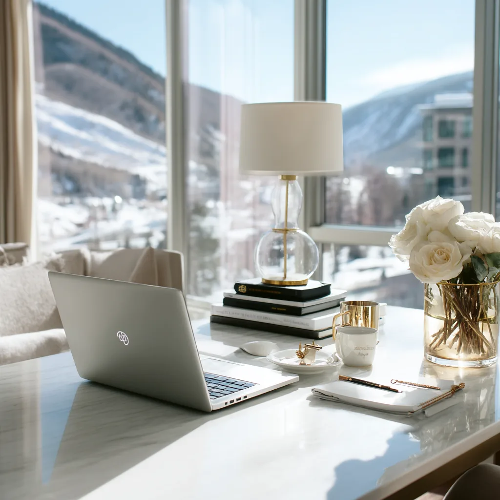 A laptop, notepad, and white roses on a marble desk before windows overlooking a snowy mountain valley.