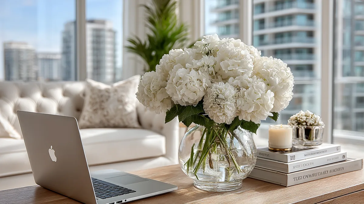 A laptop and a vase of white hydrangeas on a desk in a bright high-rise living room with city views.