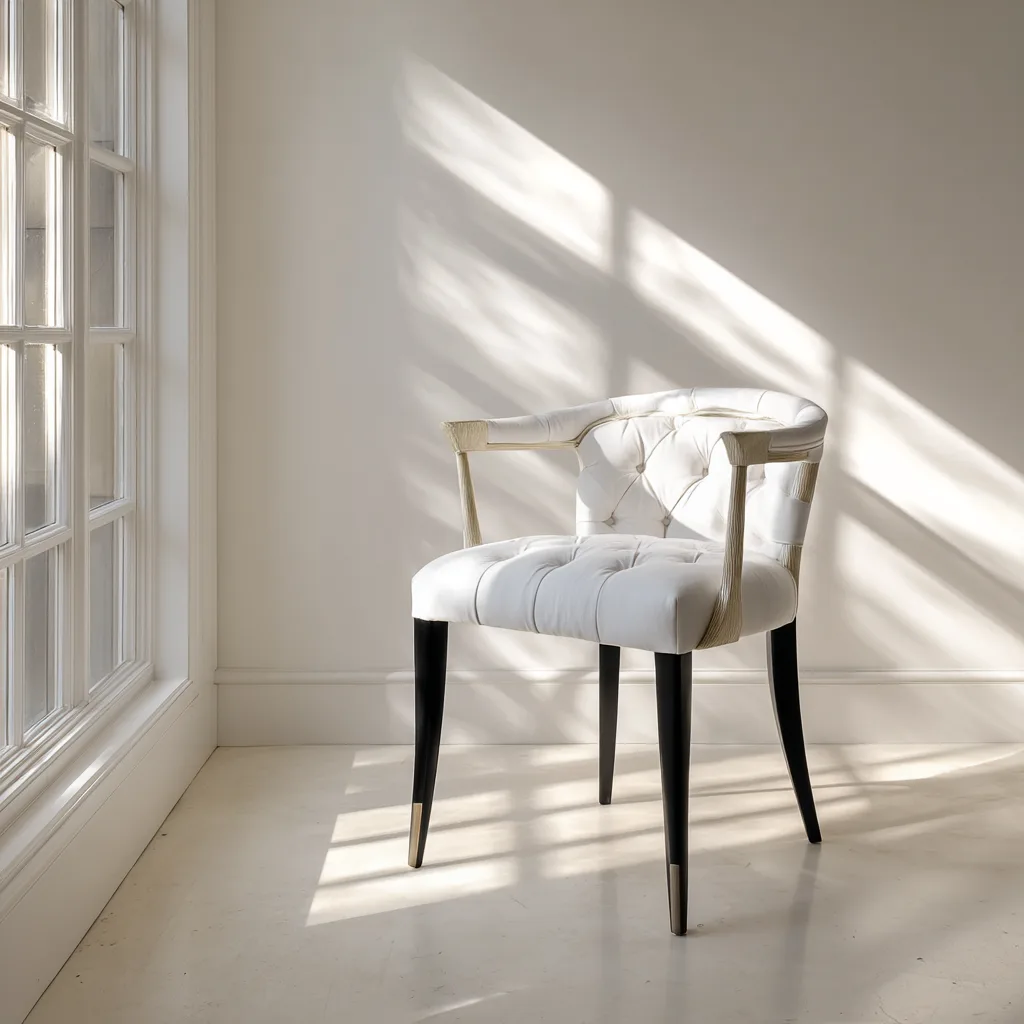 A single white tufted armchair standing alone in a sunlit white room beside a large paned window.