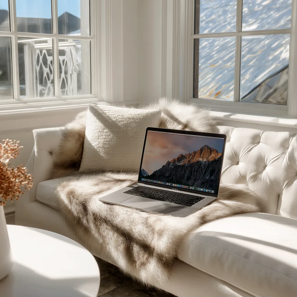 An open laptop resting on a cream fur throw on a white tufted sofa in a sunlit corner.