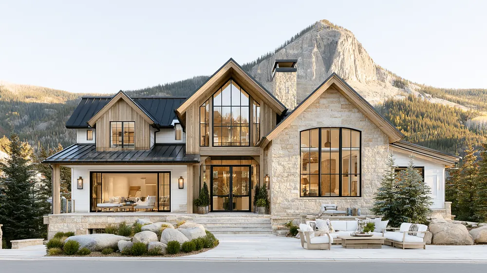 A stone mountain home lit warmly at evening.