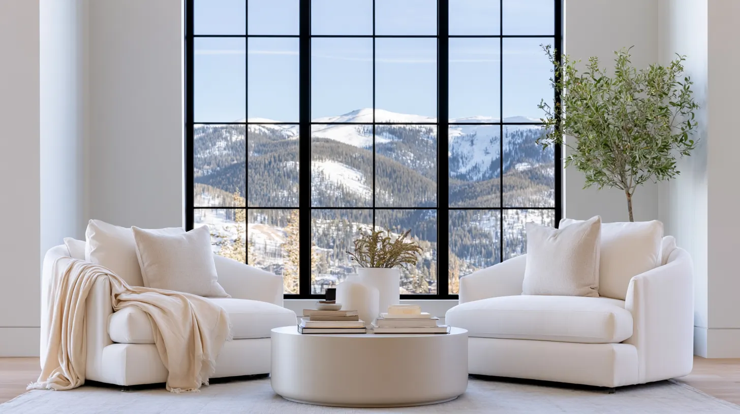 Two off-white chairs facing each other in a vast, sunlit luxury living room.