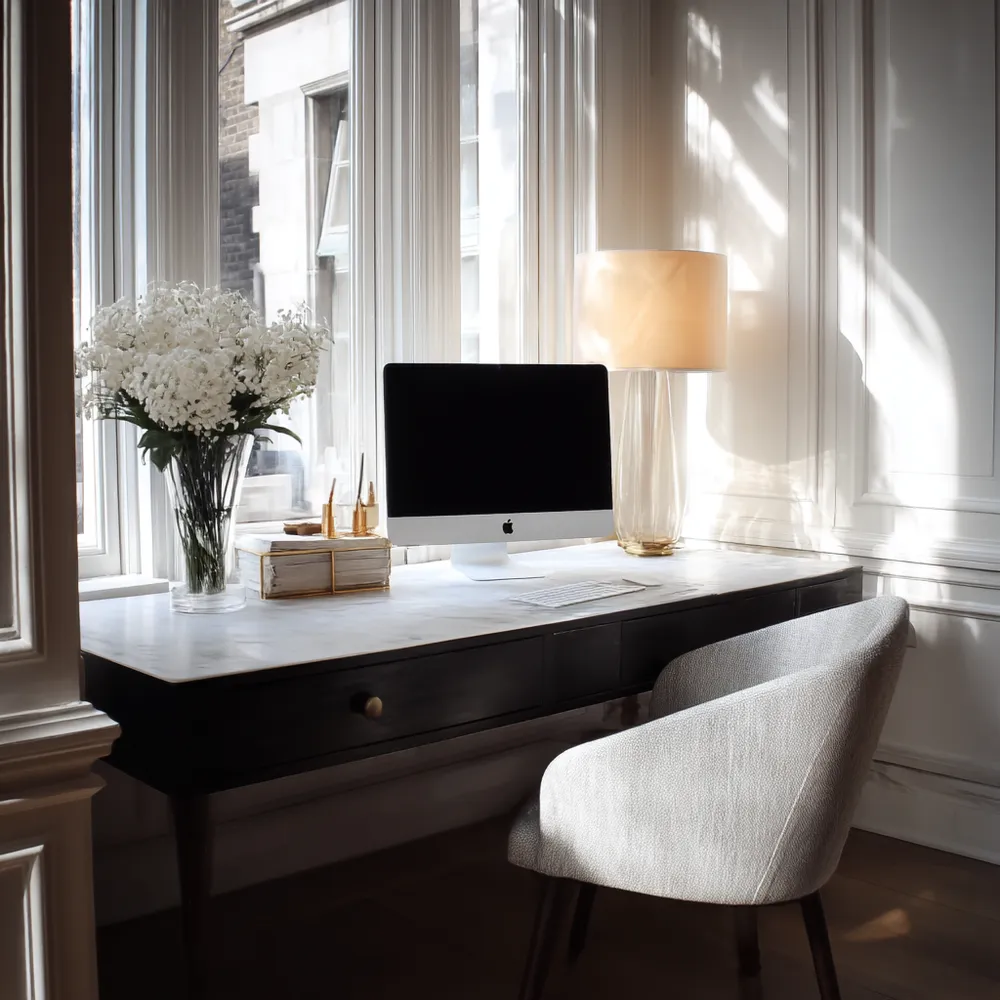 A printed real estate guide displayed on a white desk.
