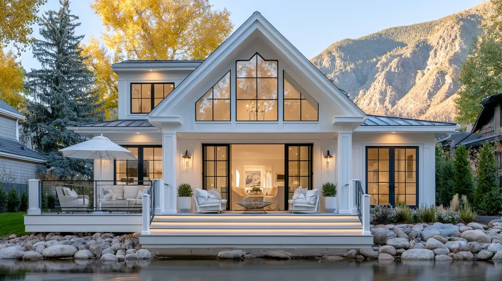 A white farmhouse porch in soft daylight.